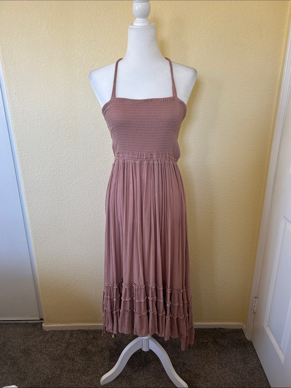 Smocked Crisscross Halter Maxi Dress in Dusty Rose